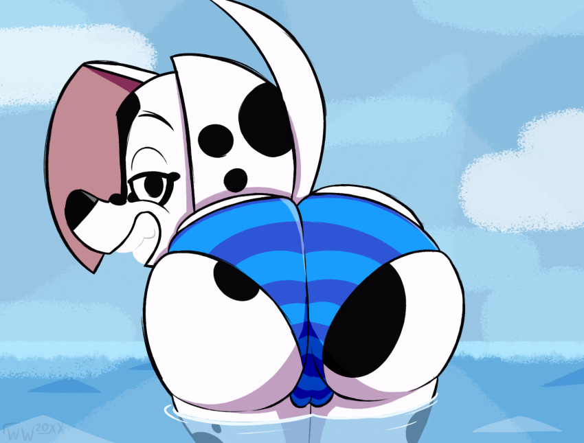 101_dalmatian_street 101_dalmatians anthro bedroom_eyes big_butt black_spots butt camel_toe canid canine canis clothing dalmatian dee_dee_(101_dalmatians) disney domestic_dog female fur hi_res looking_at_viewer looking_back mammal narrowed_eyes outside partially_submerged pattern_clothing pattern_swimwear presenting presenting_hindquarters raised_tail sea seductive smile solo spots striped_clothing striped_swimwear stripes swimwear teeth water white_body white_fur whitewolf20xx