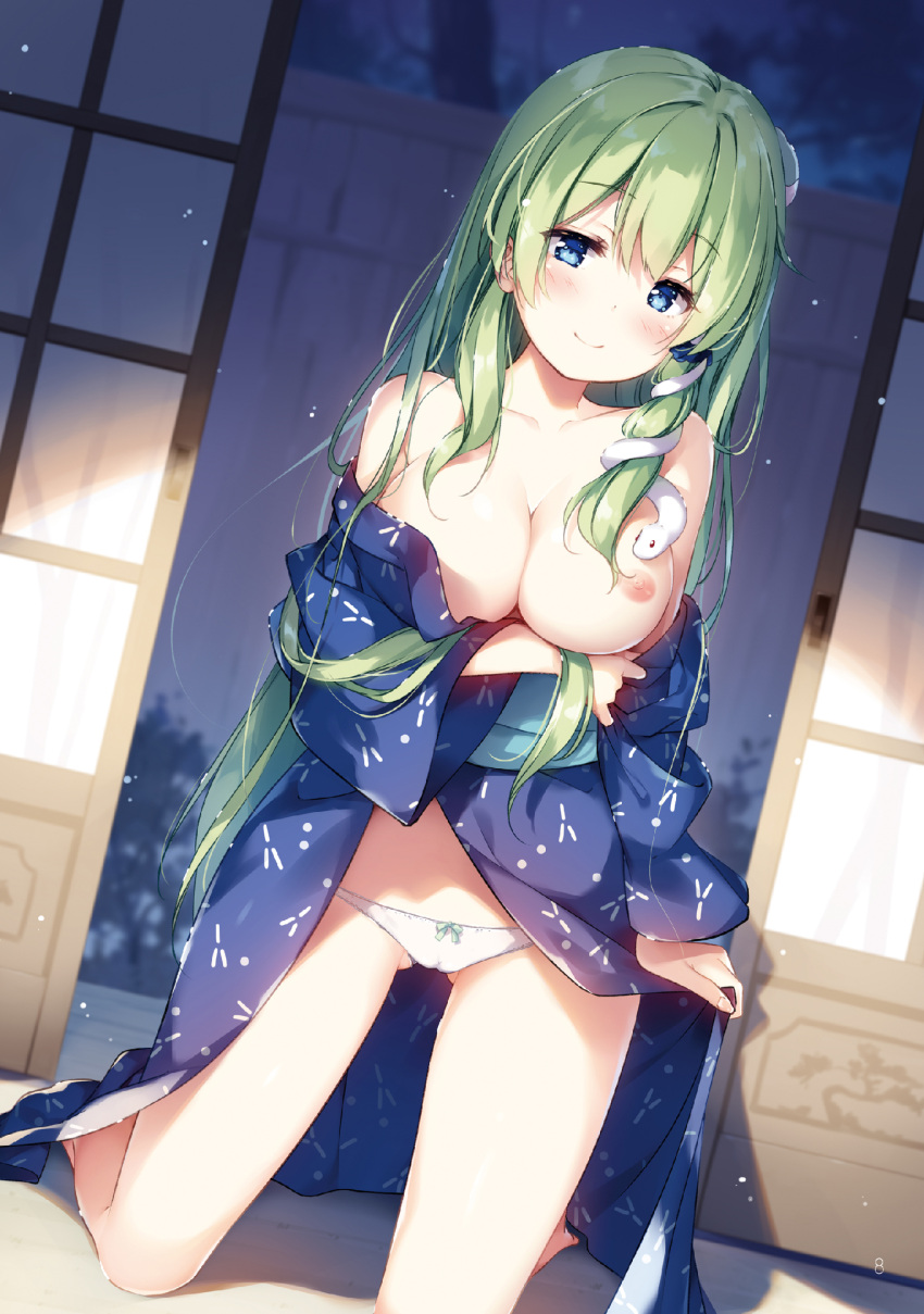 breast_hold breasts cameltoe detexted kochiya_sanae miyase_mahiro nipples no_bra open_shirt touhou