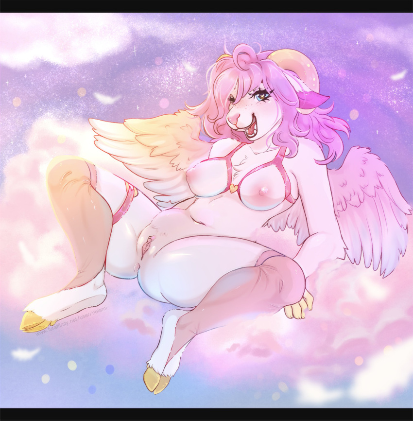 &lt;3 &lt;3_eyes anthro anus blue_eyes bottomless bovid breasts caprine chest_harness chest_tuft clitoral_hood clitoris clothed clothing cloud cloven_hooves digital_media_(artwork) eyelashes feathered_wings feathers female full-length_portrait fur genitals goat hair harness hi_res hooves horn legwear mammal nathalia_rosebraid navel nelami nipples one_eye_closed open_mouth pink_nipples portrait purple_hair pussy shaded sitting solo tongue tuft white_body white_fur wings