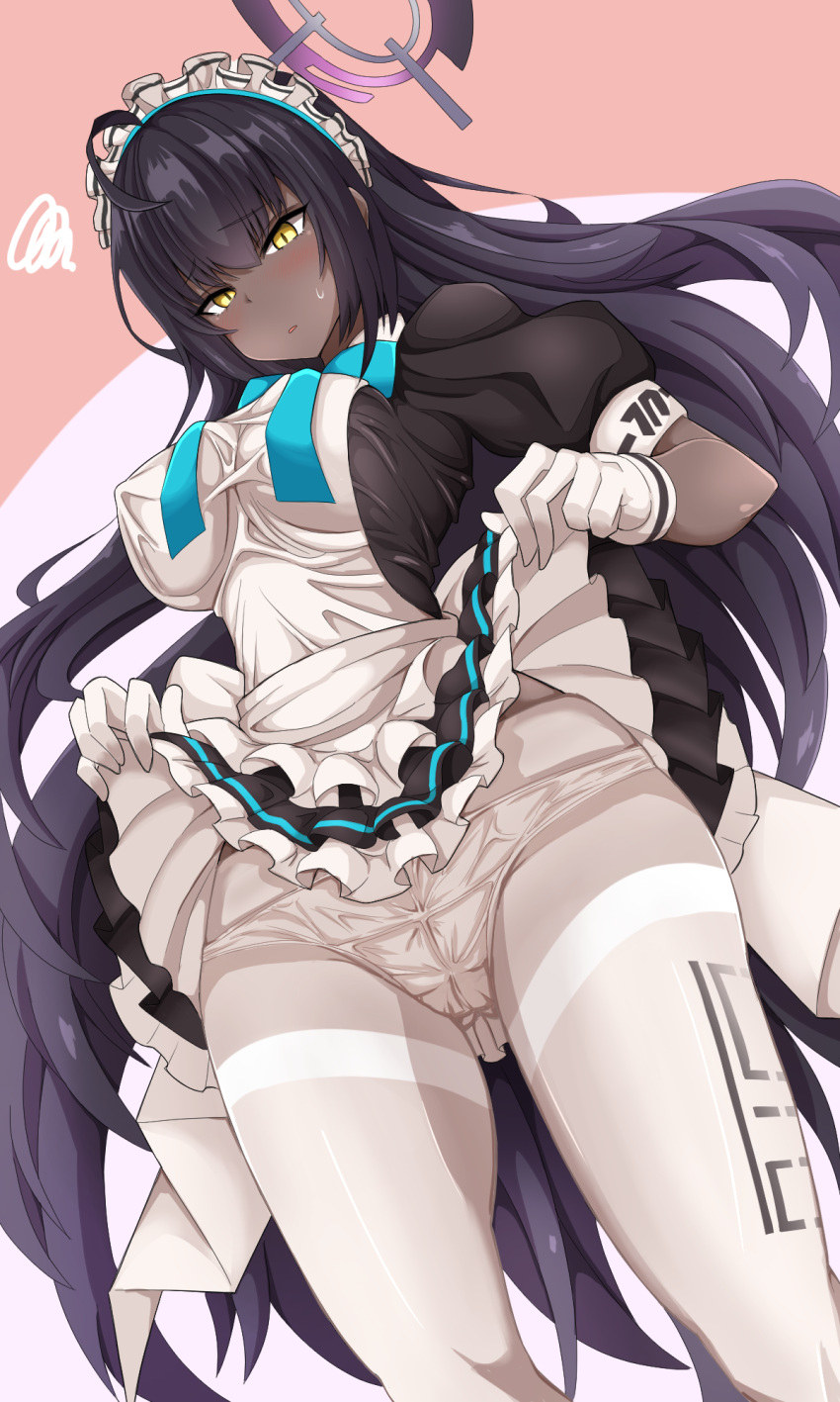 1girl ahoge akatama_man apron bangs black_dress black_hair blue_archive blue_neckwear blush breasts covered_nipples dark_skin dark_skinned_female dress dress_lift eyebrows_visible_through_hair gloves hair_between_eyes halo highres karin_(blue_archive) large_breasts lifted_by_self long_hair maid maid_headdress panties panties_over_pantyhose pantyhose parted_lips puffy_short_sleeves puffy_sleeves short_dress short_sleeves skindentation solo standing sweat taut_clothes taut_dress thighband_pantyhose underwear very_long_hair white_apron white_gloves white_legwear yellow_eyes