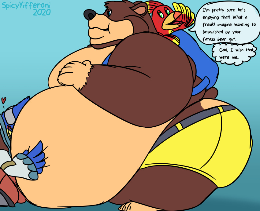 2020 absurd_res anthro avian backpack banjo-kazooie banjo_(banjo-kazooie) beak belly belly_overhang belly_squish big_belly big_cheeks bird blue_eyes blush bottomwear breegull brown_body brown_fur butt chubby_cheeks clothed clothing digital_drawing_(artwork) digital_media_(artwork) english_text exposed_belly face_in_belly falco_lombardi falcon falconid feathers female fur green_eyes group hi_res holding_belly hyper hyper_belly kazooie kneeling leaning leaning_forward male mammal mocking moobs morbidly_obese morbidly_obese_male nintendo obese obese_male open_mouth overweight overweight_male rareware signature simple_background sketch smile spicy_wahtte squish star_fox teasing text thick_thighs ursid video_games