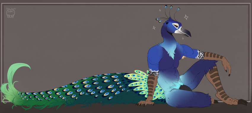 anthro athletic athletic_male avian beak bird bird_feet blue_body blue_feathers chest_tuft claws digitigrade eliotak feathers flaccid galliform genitals green_body green_feathers long_tail male nude peacock_feather peafowl penis phasianid pubes sitting smile solo tail_feathers tuft