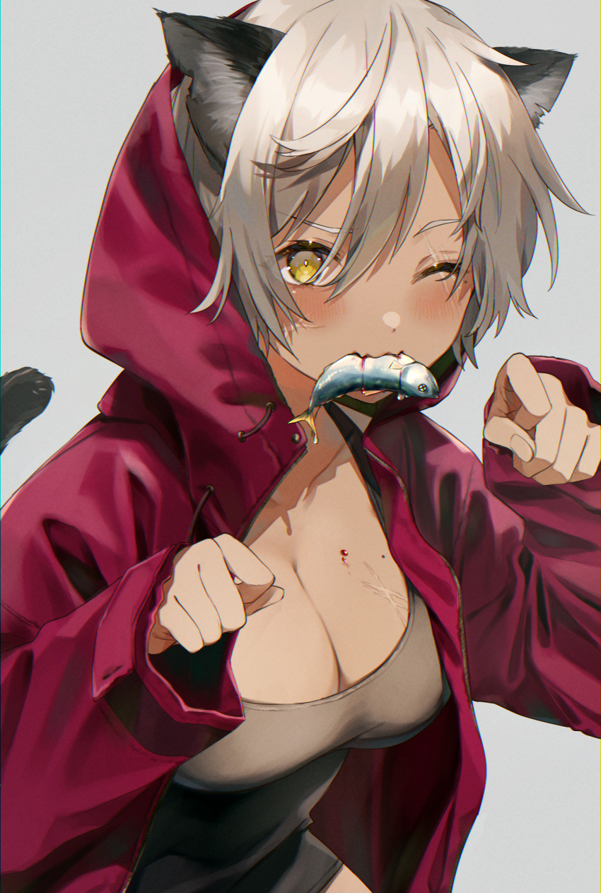 1girl absurdres animal_ears black_dress blood blood_on_breasts blush breasts cat_ears cat_girl cat_tail cleavage collarbone commentary dark_skin dark_skinned_female dress fish harui_(hr_x9_) highres hood hood_up hooded_jacket jacket large_breasts long_sleeves looking_at_viewer mole mole_on_breast mole_under_eye mouth_hold one_eye_closed open_clothes open_jacket original paw_pose purple_jacket scar scar_across_eye scar_on_breasts scar_on_cheek scar_on_face short_hair silver_hair solo tail upper_body yellow_eyes