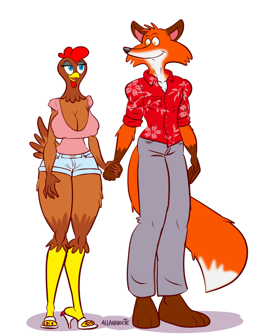 absurd_res allannocte alpha_channel anthro avian bird breasts canid canine chicken cleavage clothed clothing duo female fox galliform gallus_(genus) hand_holding hi_res male male/female mammal phasianid