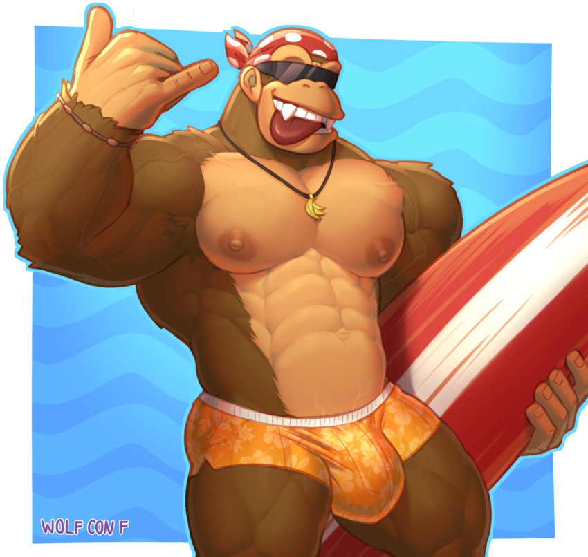 5_fingers abs anthro ape artist_name bandanna bracelet brown_body brown_fur bulge clothed clothing donkey_kong_(series) eyewear fingers funky_kong fur gesture haplorhine hi_res holding_surfboard jewelry kerchief male mammal muscular muscular_anthro muscular_male necklace nintendo nipples pecs primate shaka solo sunglasses surfboard tailless teeth tongue tongue_out topless vehicle vein video_games watercraft wolfconfnsfw