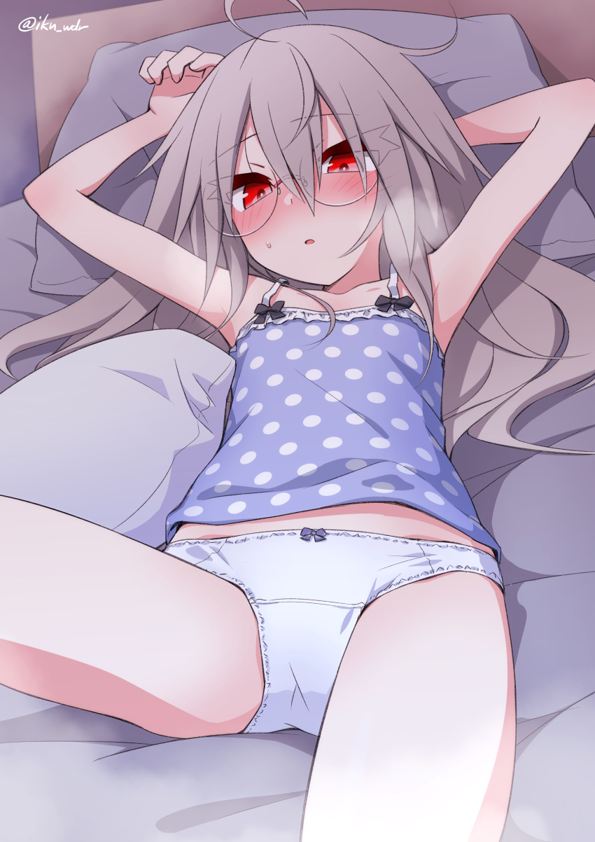 1girl absurdres ahoge arms_up blush camisole elena_trafalgar eyebrows_visible_through_hair eyes_visible_through_hair glasses highres ikune_juugo long_hair lying no_pants on_back on_bed original panties polka_dot red_eyes round_eyewear silver_hair solo underwear visible_air white_panties