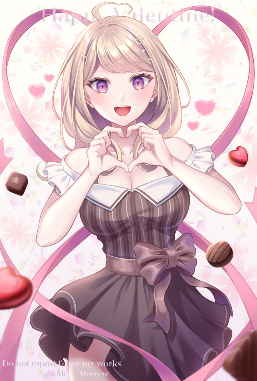 1girl :d ahoge akamatsu_kaede alternate_costume artist_name bangs banned_artist bare_shoulders black_bow blonde_hair blush bow breasts candy chocolate chocolate_heart cleavage collarbone cowboy_shot danganronpa_(series) danganronpa_v3:_killing_harmony dress eyebrows_visible_through_hair food frills hair_ornament happy_valentine heart heart_ahoge heart_hands heart_print highres large_breasts long_hair looking_at_viewer musical_note_hair_ornament nabekokoa open_mouth purple_eyes repost_notice short_sleeves smile solo striped striped_dress symbol_commentary valentine