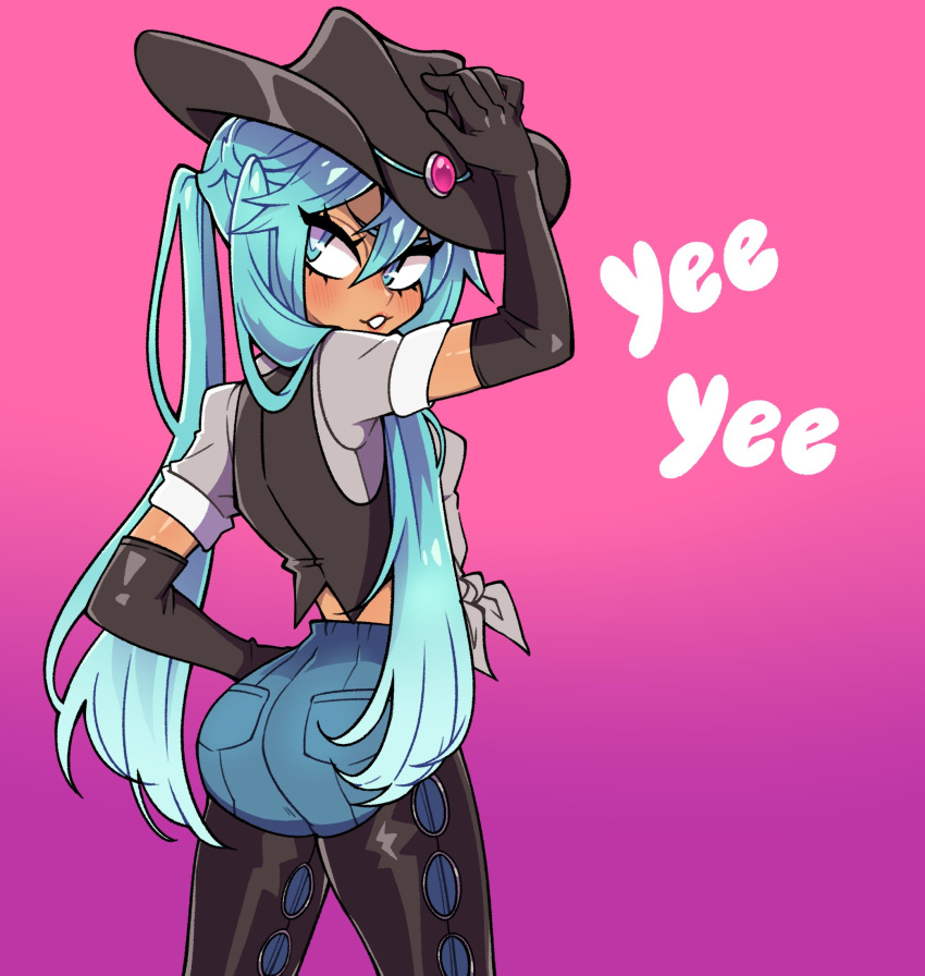 1girl aqua_eyes aqua_hair ass beta's_inferno black_gloves black_headwear black_vest blush breasts chaps cowboy cowboy_hat dark_skin dark_skinned_female denim elbow_gloves english_commentary english_text from_behind front-tie_top gloves grey_shirt hair_over_shoulder hat hatsune_miku highres jeans long_hair pants pink_background shirt small_breasts solo tan turning_head twintails vest vocaloid western