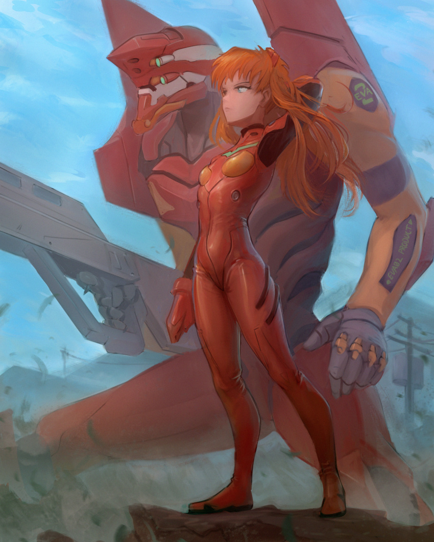 1girl absurdres arm_behind_head blue_eyes breasts clenched_hand commission eva_02 extra_eyes floating_hair from_side green_eyes gun highres holding holding_gun holding_weapon looking_ahead mecha neon_genesis_evangelion open_hand orange_hair pilot_suit plugsuit science_fiction small_breasts souryuu_asuka_langley weapon zhjake