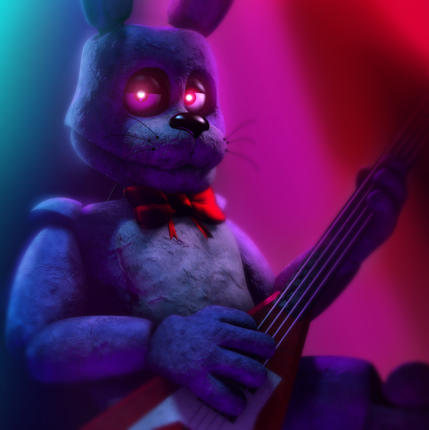 3d_(artwork) 4_fingers animatronic anthro black_nose blue_background bonnie_(fnaf) bow_tie chest_tuft digital_media_(artwork) fingers five_nights_at_freddy's fpr-corporation fur glowing glowing_eyes guitar half-closed_eyes hi_res lagomorph leporid looking_at_viewer machine male mammal multicolored_body multicolored_fur musical_instrument narrowed_eyes pink_background plucked_string_instrument purple_body purple_ears purple_inner_ear rabbit red_background red_eyes remake robot simple_background sitting solo source_filmmaker string_instrument tuft two_tone_body two_tone_fur video_games whiskers writtenstars87