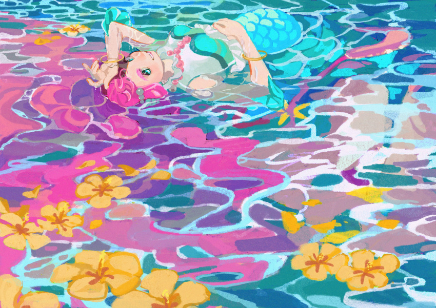 1girl absurdres afloat aqua_eyes arm_up bare_shoulders crop_top fins floating flower flower_on_liquid grin heart heart_in_eye hibiscus highres kobayashi_hisanori laura_(precure) looking_at_viewer looking_to_the_side lying_on_water mermaid monster_girl partially_submerged pearl_hair_ornament pink_hair pink_lips precure smile solo symbol_in_eye thick_eyebrows tropical-rouge!_precure water wet wristband