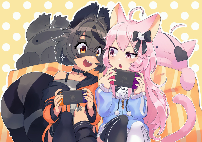 2girls :3 :d ahoge animal_ear_legwear animal_ears asymmetrical_legwear bandaid bandaid_on_knee bare_shoulders birthday black_bow black_choker black_eyepatch black_legwear black_skirt blue_hoodie bow cat_ear_legwear cat_ears cat_girl cat_hair_ornament choker collarbone commentary commission commissioner_upload controller cross_hair_ornament english_commentary eye_mask eyebrows_visible_through_hair eyepatch feet_out_of_frame game_controller ghost_tail grey_hair grey_shirt hair_between_eyes hair_bow hair_ornament heart heart_eyepatch highres holding holding_controller holding_game_controller hood hoodie indie_virtual_youtuber kneehighs light_blush logo_parody long_hair looking_at_screen mascot mixed-language_commentary multicolored_hair multiple_girls nintendo_switch nyatasha_nyanners off-shoulder_shirt off_shoulder oozaki_nando open_mouth orange_hoodie peeking pink_hair pleated_skirt polka_dot polka_dot_background purple_eyes raccoon_ears raccoon_girl raccoon_tail raised_eyebrow shirt short_hair shoulder-to-shoulder single_kneehigh single_thighhigh sitting skeb_commission skirt skull_print smile snuffy_(vtuber) sparkle streaked_hair striped_tail sweatdrop tail teeth thick_eyebrows thighhighs two-tone_background two-tone_hoodie unzipped virtual_youtuber vshojo white_background white_legwear yellow_background zipper zipper_pull_tab