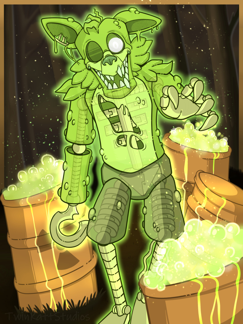 1_eye 2020 absurd_res animatronic anthro bottomwear canid canine claws clothed clothing endoskeleton exposed_endoskeleton five_nights_at_freddy's five_nights_at_freddy's_ar fox foxy_(fnaf) fur goo_(disambiguation) green_body green_ears green_fur green_hair green_nose grey_sclera hair hi_res hook hook_hand machine male mammal metal metallic metallic_body multicolored_body notched_ear open_mouth pirate pseudo_clothing radioactive radioactive_foxy_(fnaf) radioactive_fur radioactive_symbol radioactive_waste raised_arm reaching reaching_out reaching_towards_viewer robot robotic_hand robotic_leg robotic_legs sharp_claws sharp_teeth short_hair shorts smile solo soulless_eyes standing teeth topless topless_anthro topless_male torn_body translucent translucent_body twinkattstudios two_tone_body video_games white_eyes wide_eyed