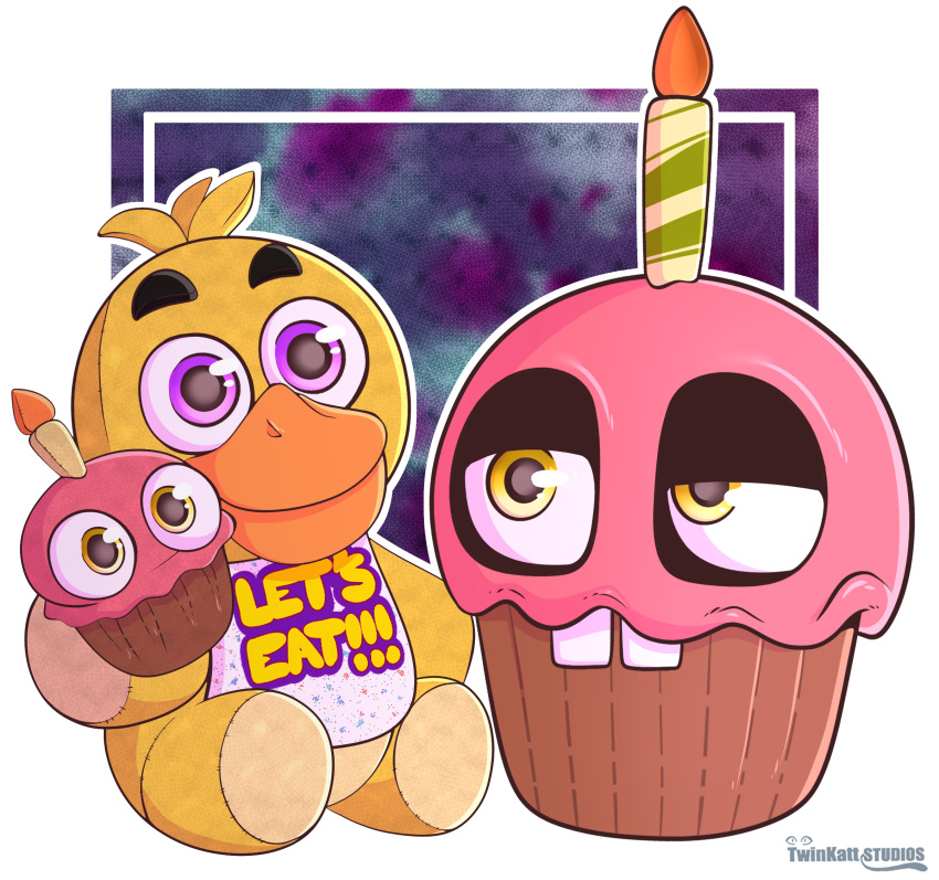 ! 2021 ambiguous_gender animate_inanimate anthro avian beak bib big_eyes bird blonde_hair blue_background border buckteeth candle chica_(fnaf) chicken cupcake cupcake_(fnaf) duo english_text female fire five_nights_at_freddy's food food_creature galliform gallus_(genus) glistening glistening_eyes hair hi_res looking_away multicolored_body orange_beak phasianid plush_chica_(fnaf) plush_cupcake_(fnaf) plushie purple_background purple_eyes short_hair simple_background sitting size_difference smile stitch_(sewing) tan_body teeth text toy twinkattstudios video_games white_border wide_eyed yellow_body yellow_eyes