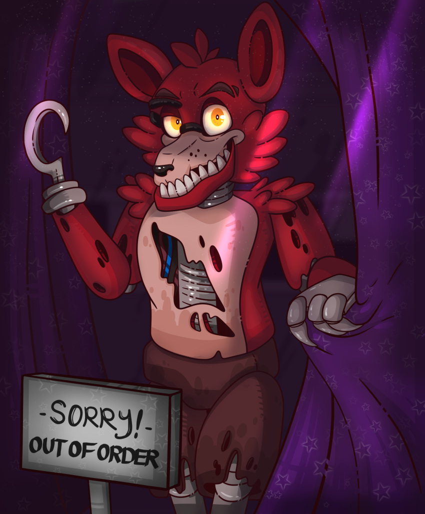 ! 2020 animatronic anthro big_ears black_nose bottomwear canid canine claws clothed clothing curtains curtains_open endoskeleton english_text exposed_endoskeleton eye_patch eyewear five_nights_at_freddy's fox foxy_(fnaf) fur hi_res hook hook_hand looking_at_viewer machine male mammal metal metallic metallic_body multicolored_body pirate pseudo_clothing raised_arm red_body red_ears red_fur robot robot_leg robot_legs robotic_hand sharp_claws sharp_teeth shorts sign smile solo stage stage_curtains standing tan_body teeth text topless topless_anthro topless_male torn_body torn_clothing twinkattstudios video_games wire yellow_eyes