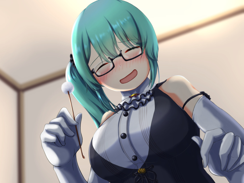 .live 1girl bangs bare_shoulders black-framed_eyewear black_vest blush breasts buttons collared_shirt commentary_request confused cropped_torso dress_shirt elbow_gloves eyebrows_visible_through_hair glasses gloves green_hair hair_between_eyes highres kagura_suzu_(.live) large_breasts long_hair mimikaki open_mouth ribbon-trimmed_gloves ribbon_trim room semi-rimless_eyewear shirt side_ponytail sleeveless sleeveless_shirt smile solo typemekarauroko196 under-rim_eyewear vest virtual_youtuber white_gloves white_neckwear white_shirt