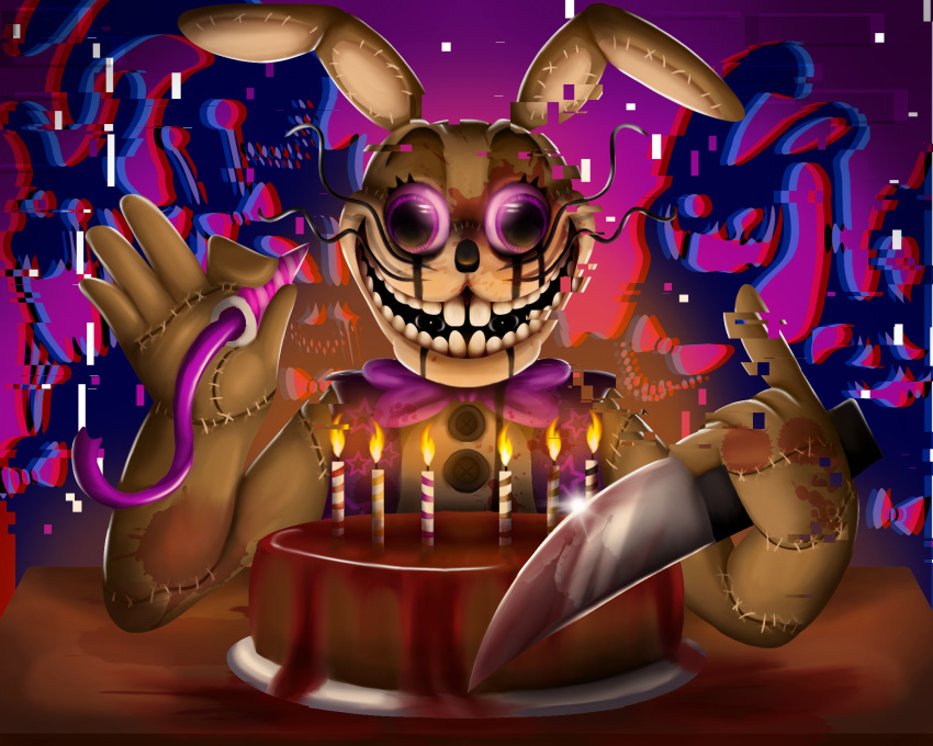 2020 anthro big_eyes big_mouth_(anatomy) big_teeth black_nose blood blood_on_cake blood_on_food blood_on_weapon blood_stain blood_stains bloody_knife bodily_fluids buckteeth cake candle candy chocolate chocolate_cake dessert fire five_nights_at_freddy's five_nights_at_freddy's_vr:help_wanted fnaf_vr_help_wanted food food_on_plate glitch glitchtrap hi_res holding_object holding_weapon knife lagomorph leporid long_ears long_whiskers looking_at_viewer lordofthefeathers male mammal multicolored_body multicolored_ears nightmare_fuel party_horn pink_background pink_sclera plate purple_background purple_eyes rabbit simple_background sitting solo stitch_(sewing) tan_body tan_ears teeth two_tone_body two_tone_ears video_games weapon whiskers wide_eyed