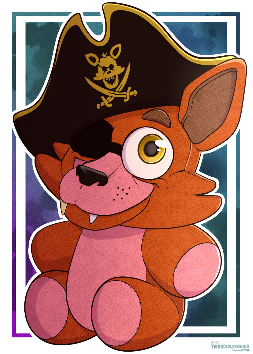 2021 anthro big_hat black_nose blue_background border brown_ears brown_eyebrows canid canine clothing eye_patch eyebrows eyewear fangs five_nights_at_freddy's fox foxy_(fnaf) fur gold_(metal) gold_tooth hat headgear headwear hi_res looking_at_viewer male mammal melee_weapon multicolored_body multicolored_ears pirate pirate_hat plush_foxy_(fnaf) plushie purple_background red_body red_ears red_fur sharp_teeth simple_background sitting smile solo stitch_(sewing) sword teal_background teeth toy twinkattstudios two_tone_body video_games weapon white_border yellow_eyes