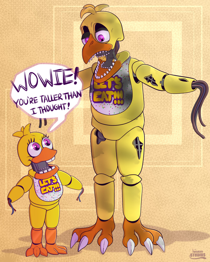 ! 2021 abstract_background absurd_res adventure_withered_chica_(fnaf) animatronic anthro avian barefoot beak bib big_beak big_claws big_teeth bird blonde_hair buckteeth chicken claws confusion dialogue duo endoskeleton english_text exposed_endoskeleton eyelashes featureless_crotch female five_nights_at_freddy's five_nights_at_freddy's_2 five_nights_at_freddy's_world galliform gallus_(genus) hair handless happy hi_res looking_down looking_up machine metal metallic metallic_body one_eye_half-closed open_mouth orange_beak pazzarts phasianid pink_eyes robot shadow sharp_claws short_hair simple_background size_difference smile speech_bubble standing tan_background teeth text toe_claws toony torn_body twinkattstudios video_games wire withered_chica_(fnaf) yellow_body