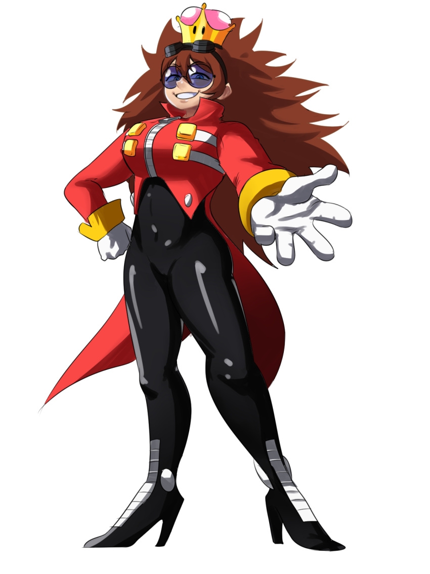 1girl big_hair blue-tinted_eyewear blue_eyes bodystocking breasts brown_hair coattails covered_navel cropped_jacket crossover crown dr._eggman full_body genderswap genderswap_(mtf) gloves goggles goggles_on_head grin hand_on_hip high_heels highres jacket large_breasts long_hair looking_at_viewer mario_(series) messy_hair new_super_mario_bros._u_deluxe outstretched_hand red_jacket rimless_eyewear round_eyewear smile solo sonic_the_hedgehog sonic_the_hedgehog_(classic) standing super_crown tina_fate white_gloves zipper zipper_pull_tab