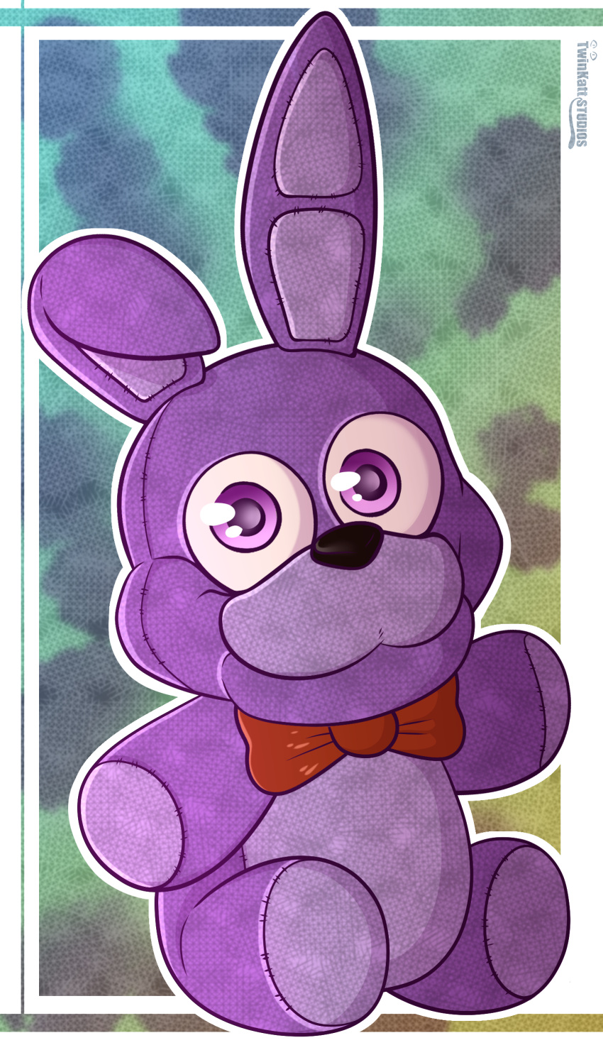 2021 abstract_background absurd_res anthro black_nose blue_background bonnie_(fnaf) bow_tie five_nights_at_freddy's green_background hi_res lagomorph leporid looking_at_viewer male mammal multicolored_body multicolored_ears plush_bonnie_(fnaf) plushie portrait purple_body purple_ears purple_eyes rabbit simple_background sitting smile solo stitch_(sewing) toy twinkattstudios two_tone_body two_tone_ears video_games yellow_background