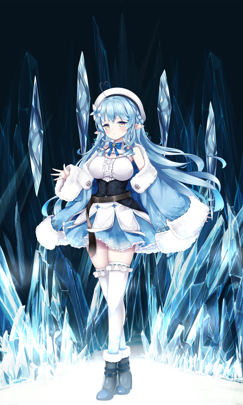 1girl absurdres ahoge blue_bow blue_hair blue_jacket blue_skirt blush bow breasts cleavage_cutout clothing_cutout cocozasa corset crossed_legs elf flower fur_trim hair_flower hair_ornament hat heart_hair highres hololive hololive_alternative ice jacket large_breasts off_shoulder open_hand pointy_ears skirt sleeves_past_wrists solo standing thighhighs virtual_youtuber white_headwear yellow_eyes yukihana_lamy