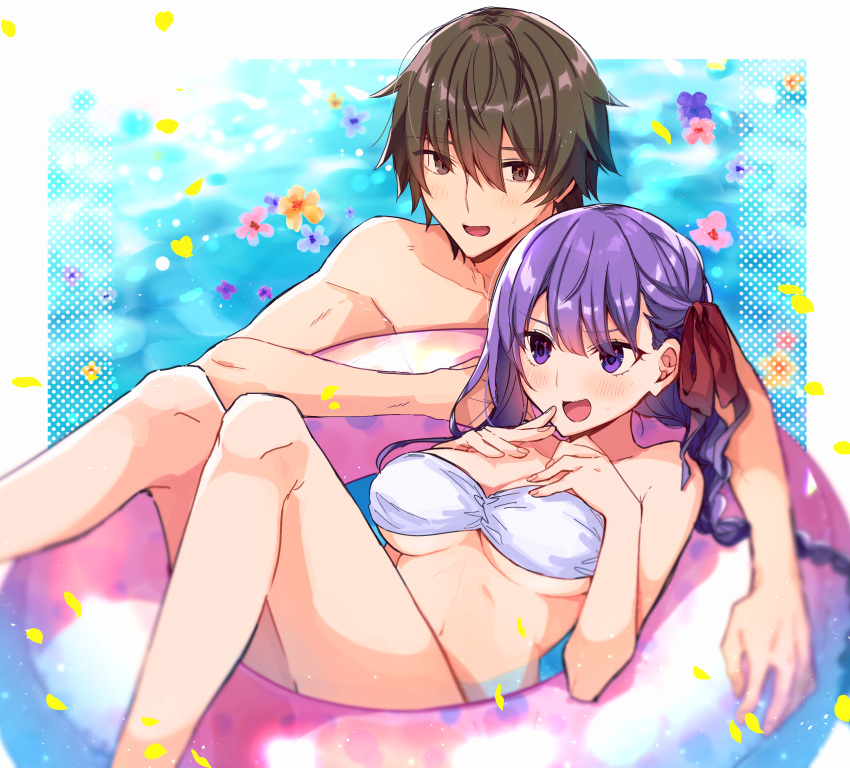 0wsaa0 1boy 1girl bangs bb_(fate) bb_(fate)_(all) bikini bikini_top blush border braid breasts brown_eyes brown_hair eyebrows_visible_through_hair fate/extra fate/extra_ccc fate_(series) flower hair_ribbon highres innertube kishinami_hakuno_(male) long_hair looking_afar looking_at_another medium_breasts open_mouth petals pool purple_eyes purple_hair ribbon short_hair strapless strapless_bikini sweat swimsuit water white_bikini