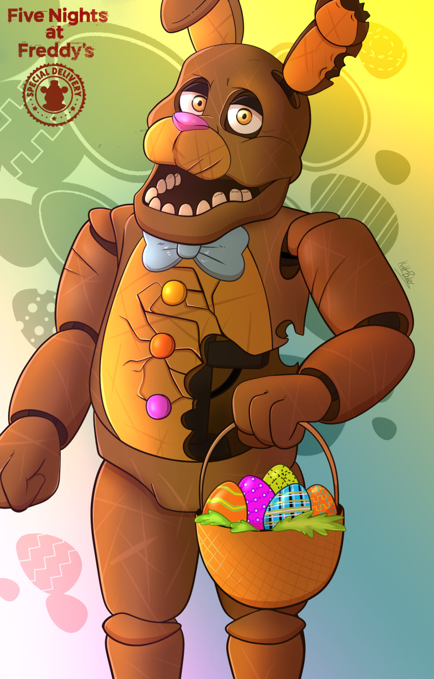 abstract_background absurd_res animatronic anthro basket blue_background bonnie_(fnaf) bow_tie brown_body brown_ear brown_ears candy chocolate chocolate_bonnie_(fnaf) dessert easter easter_egg egg endoskeleton english_text exposed_endoskeleton featureless_crotch fist five_nights_at_freddy's five_nights_at_freddy's_ar food food_creature green_background half-closed_eyes hi_res holidays lagomorph leporid looking_at_viewer machine male mammal metal metallic metallic_body multicolored_body multicolored_ears narrowed_eyes notched_ear open_mouth orange_eyes pink_nose portrait rabbit robot scar simple_background solo standing teeth text torn_body twinkattstudios two_tone_body two_tone_ears video_games white_background wire yellow_background