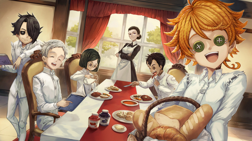 3boys 3girls :d ahoge apron arms_under_breasts arms_up bangs basket black_dress black_eyes black_hair book bread breasts brown_eyes butter button_eyes buttons chair closed_eyes commentary_request croissant crossed_arms cup curtains dark_skin dark_skinned_male don_(yakusoku_no_neverland) dress eating emma_(yakusoku_no_neverland) food full_body gilda_(yakusoku_no_neverland) glass green_eyes hair_bun hair_over_one_eye hair_up highres holding holding_basket holding_book holding_cup identity_v indoors isabella_(yakusoku_no_neverland) jam long_sleeves looking_at_viewer medium_breasts milk mito_itsuki multiple_boys multiple_girls neck_tattoo norman_(yakusoku_no_neverland) number_tattoo open_mouth orange_hair pants pitcher plate potato pouring ray_(yakusoku_no_neverland) rice sausage shirt short_hair sitting smile smirk soup steak stitches table tablecloth tattoo toast tree upper_teeth white_apron white_pants white_shirt window yakusoku_no_neverland yarn