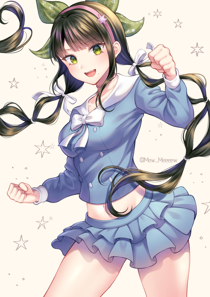 1girl :d bangs banned_artist black_hair blush bow breasts chabashira_tenko choker clenched_hands commentary_request cowboy_shot danganronpa_(series) danganronpa_v3:_killing_harmony eyebrows_visible_through_hair frills green_eyes hair_ornament hair_ribbon hairband highres layered_skirt long_hair long_sleeves looking_at_viewer low_twintails medium_breasts midriff miniskirt mole mole_under_mouth nabekokoa navel open_mouth pleated_skirt ribbon school_uniform shirt skirt smile solo twintails twitter_username upper_teeth white_bow