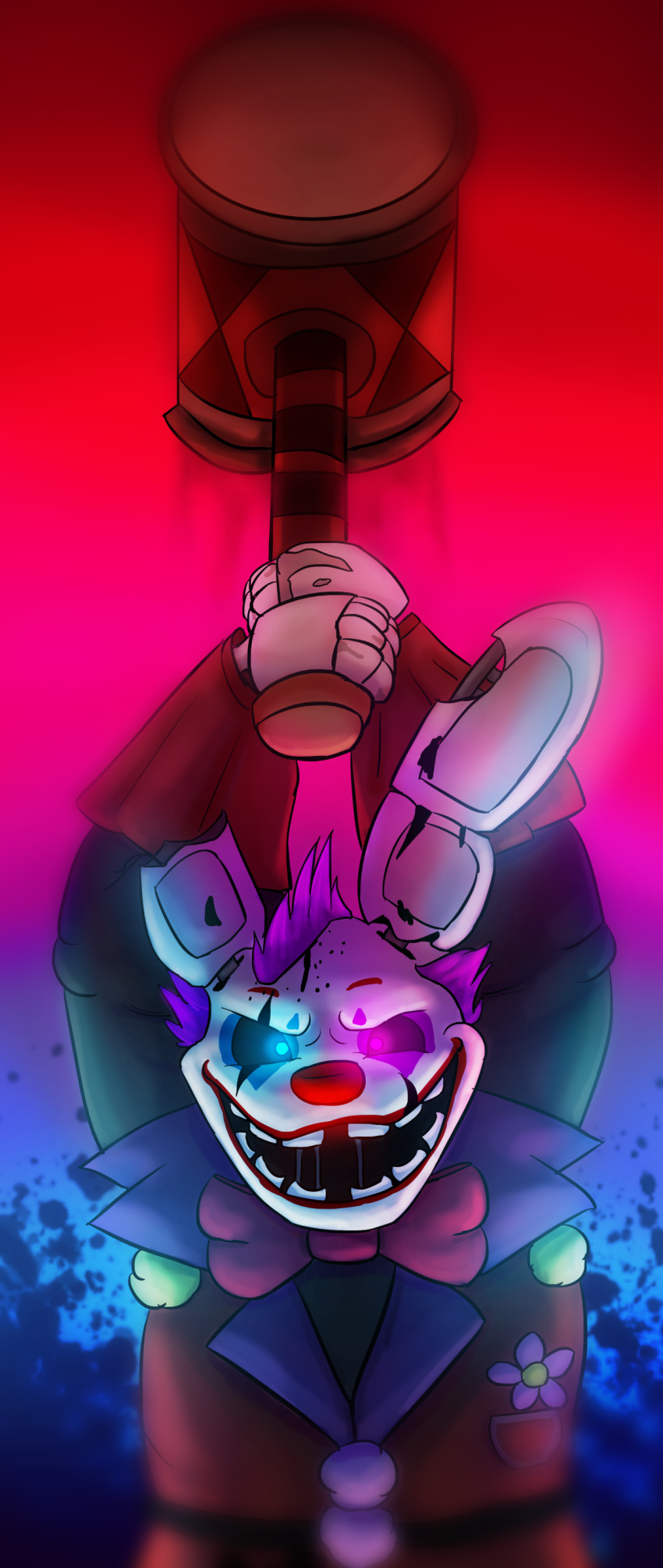 &gt;:d abstract_background absurd_res animatronic anthro big_bow_tie big_ears big_hammer blue_background blue_eyes bow_tie close-up clothed clothing clown clown_costume clown_makeup clown_nose clown_springtrap_(fnaf) coat dilated_pupils five_nights_at_freddy's five_nights_at_freddy's_3 five_nights_at_freddy's_ar flower glowing glowing_eyes hair hammer hi_res holding_hammer holding_object holding_weapon lagomorph leporid lipstick long_ears looking_at_viewer machine makeup male mammal multicolored_eyes narrowed_eyes notched_ear open_mouth pink_background pink_eyes plant purple_hair rabbit raised_arm red_background red_lipstick red_nose robot scar shirt short_hair simple_background smile solo springtrap_(fnaf) squint tools topwear video_games weapon white_ears writtenstars87
