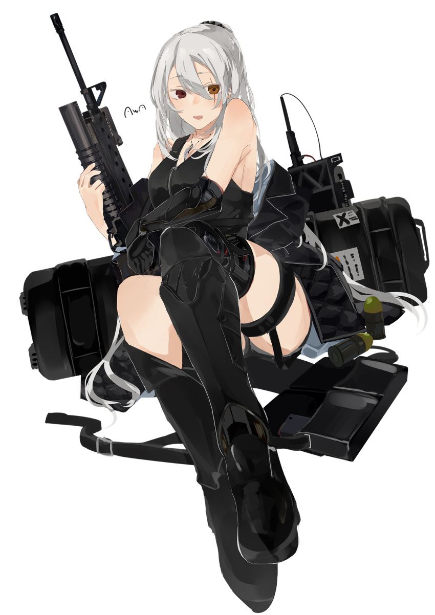 1girl artist_name assault_rifle bangs bare_shoulders black_footwear black_jacket black_shirt boots breasts brown_eyes explosive expressionless eyebrows_visible_through_hair full_body girls'_frontline grenade grenade_launcher gun hair_between_eyes hair_ornament hairclip heterochromia highres holding holding_gun holding_weapon jacket jacket_removed jewelry long_hair looking_at_viewer m16 m16a1 m203 mechanical_arms mechanical_legs medallion necklace on_floor open_mouth original ponytail red_eyes rifle scar scar_across_eye shirt silver_hair single_mechanical_arm single_mechanical_leg solo sutekina_awa thighs underbarrel_grenade_launcher weapon weapon_case white_background