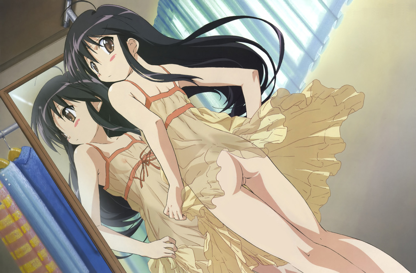 1girl ass black_hair blush breasts brown_eyes flat_chest from_behind highres long_hair mirror nipples no_panties nude_filter photoshop pussy see-through shakugan_no_shana shana small_breasts solo uncensored