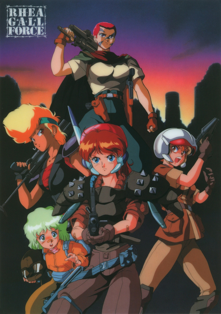 1980s_(style) 5girls absurdres aiming_at_viewer armor bandaid bandaid_on_nose blonde_hair blue_eyes brown_eyes brown_hair cape carrying_over_shoulder copyright_name eluza facepaint fingerless_gloves gall_force gloves goggles goggles_on_headwear green_eyes green_hair gun handgun headband helmet highres holding holding_gun holding_helmet holding_weapon holstered_weapon long_hair multiple_girls official_art open_mouth red_eyes red_hair retro_artstyle rifle sandy_newman scan score_(gall_force) serious shoulder_armor sonoda_ken'ichi very_long_hair weapon