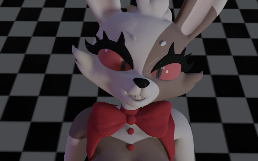 anthro barely_visible_breasts black_nose bow_tie breasts brown_body brown_breasts brown_face brown_fur buckteeth button_(disambiguation) checkered_floor eyelashes female five_nights_at_freddy's fnaf_vr_help_wanted fur hi_res lagomorph leporid looking_at_viewer mammal multicolored_body multicolored_face multicolored_fur rabbit red_bow_tie red_button red_sclera solo teeth vanny_(fnaf) video_games white_body white_face white_fur yeahhotel