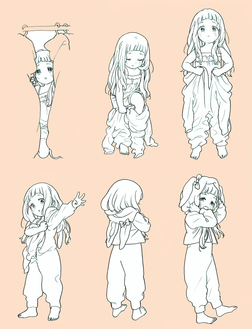 1girl :&lt; :d adjusting_clothes adjusting_headwear animal_costume animal_ears animal_hood arm_up bangs bare_arms barefoot blending blunt_bangs blush bow bunny_costume bunny_ears bunny_hood camisole child closed_eyes closed_mouth clothes_hanger commentary_request contrapposto cosplay dressing facing_away facing_viewer fake_animal_ears floppy_ears foot_up from_behind from_side half-closed_eyes hand_up hands_on_headwear hands_up happy highres hood ichihara_nina idolmaster idolmaster_cinderella_girls kigurumi kneeling legs_apart long_hair long_sleeves looking_at_viewer looking_back looking_to_the_side looking_up mixed_media monochrome multiple_views no_nose open_mouth pajamas parted_lips pink_background protected_link sequential simple_background smile spaghetti_strap spot_color standing sunbiki tareme