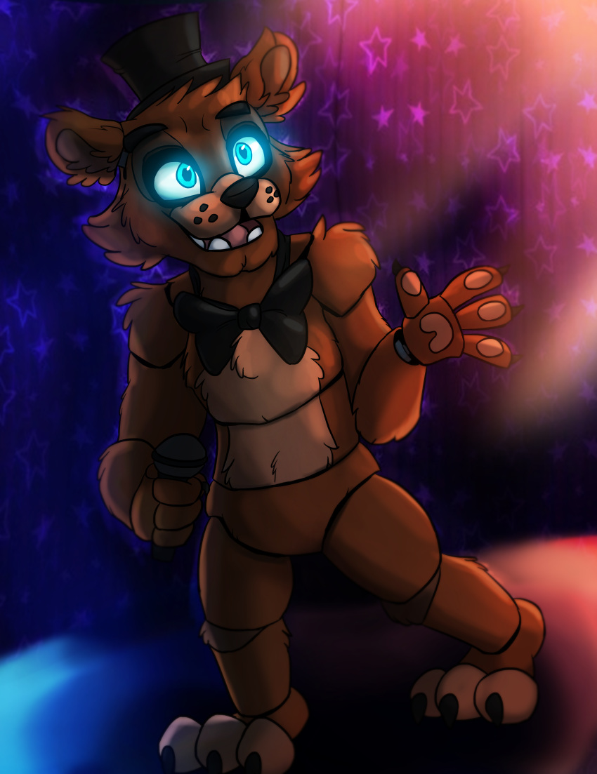 2020 absurd_res animatronic anthro big_bow_tie black_eyebrows black_nose blue_eyes bow_tie brown_body brown_ears brown_fur claws clothing curtains curtains_closed eyebrows featureless_crotch five_nights_at_freddy's freddy_(fnaf) fur glowing glowing_eyes happy hat headgear headwear hi_res looking_away machine male mammal microphone multicolored_body multicolored_fur open_mouth pawpads paws pink_tongue portrait raised_arm robot shadow sharp_claws singer smile solo stage stage_curtains standing star tan_body tan_fur teeth toe_claws tongue toony top_hat ursid video_games writtenstars87