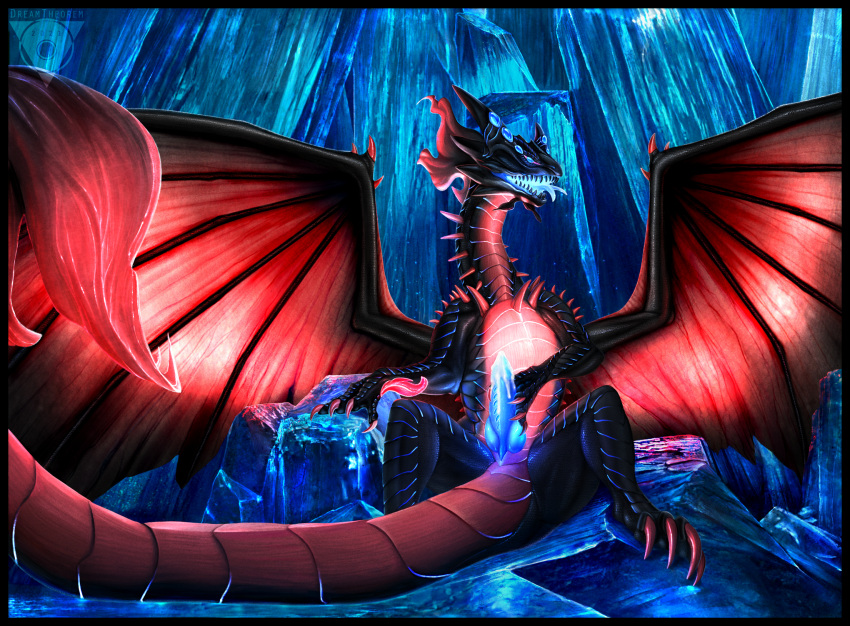 2021 blue_penis claws detailed_background digital_media_(artwork) dragon feral genitals glacierdragoon hi_res horn male membrane_(anatomy) membranous_wings open_mouth penis scales scalie solo spines teeth tongue western_dragon wings