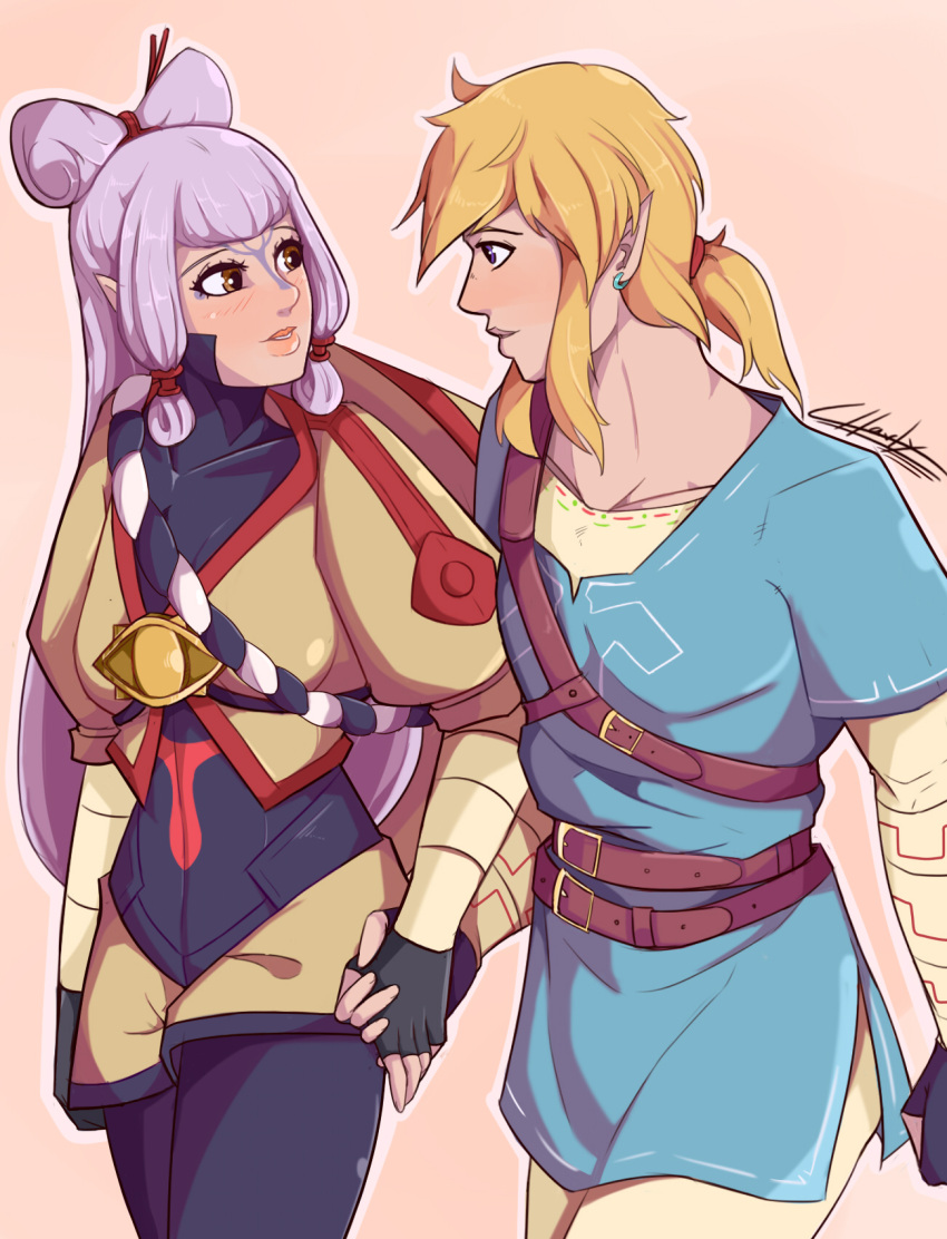 1boy 1girl blonde_hair blue_bodysuit blue_eyes blue_shirt blush bodysuit bodysuit_under_clothes brown_eyes charlyarts facial_mark forehead_mark hat_on_back highres holding_hands hyrule_warriors:_age_of_calamity impa link sheikah shirt shorts the_legend_of_zelda the_legend_of_zelda:_breath_of_the_wild white_hair