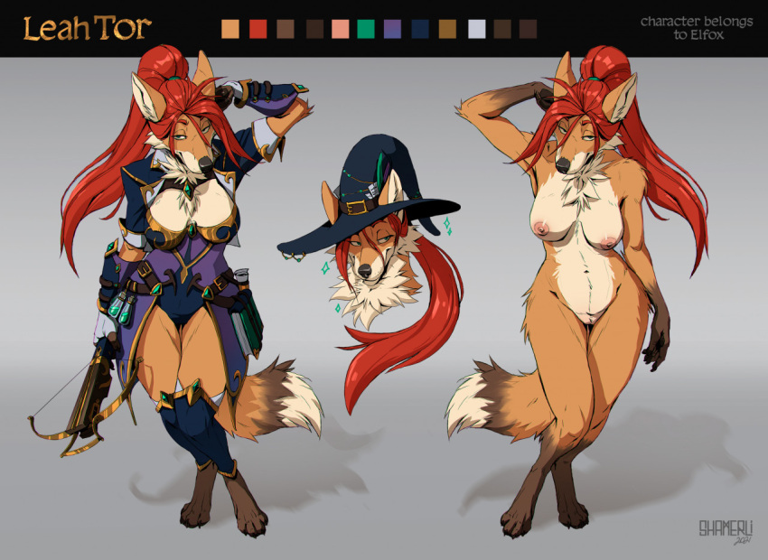2021 anthro breasts canid canine clothing crossbow fantasy female fox hair hat headgear headwear leah_tor_(elfox) long_hair looking_at_viewer magic_user mammal model_sheet nipples nude pendulous_breasts potion ranged_weapon red_hair shamerli sly_look solo spellbook thigh_gap weapon witch witch_hat