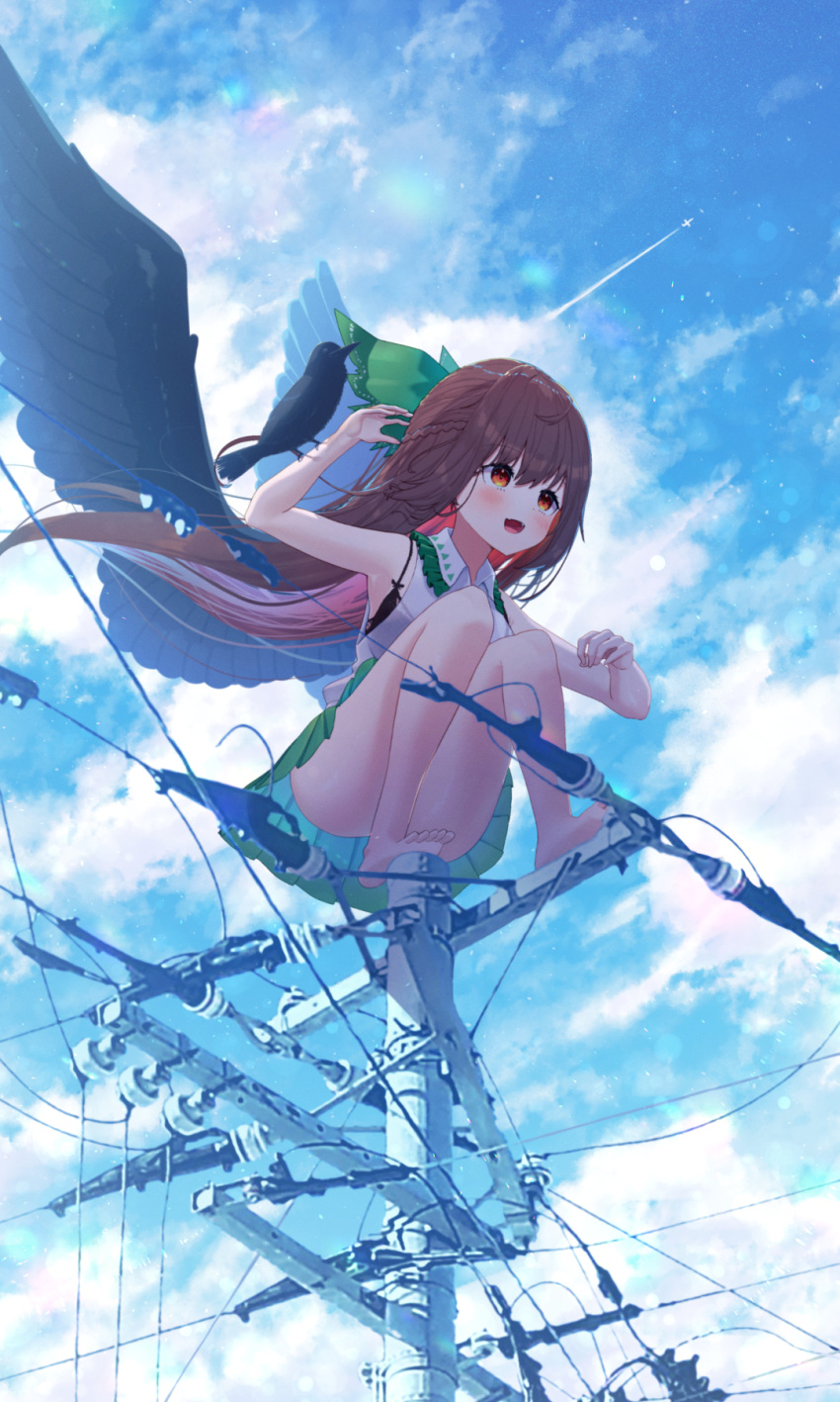 1girl :d armpits balancing bangs barefoot bird bird_wings black_bra black_wings blouse blue_sky blush bow bra bra_through_clothes braid breasts brown_eyes brown_hair cloud collared_blouse colored_inner_hair commentary_request convenient_leg day fangs french_braid full_body green_bow green_skirt hair_bow highres kiramarukou long_hair looking_afar medium_breasts multicolored_hair open_mouth outdoors raven_(animal) red_hair reiuji_utsuho skirt sky sleeveless_blouse smile solo touhou underwear utility_pole white_blouse wings