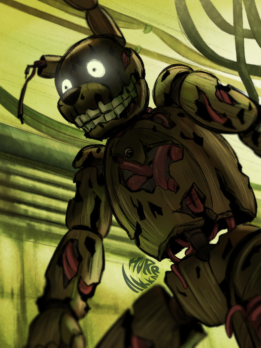 2019 animatronic anthro black_eyes close-up dilated_pupils featureless_crotch five_nights_at_freddy's five_nights_at_freddy's_3 glowing glowing_eyes green_body green_nose hi_res inside lagomorph leporid looking_away machine male mammal nightmare_fuel notched_ear portrait rabbit robot silverponteo smile solo springtrap_(fnaf) teeth torn_body video_games wire yellow_ears yellow_teeth