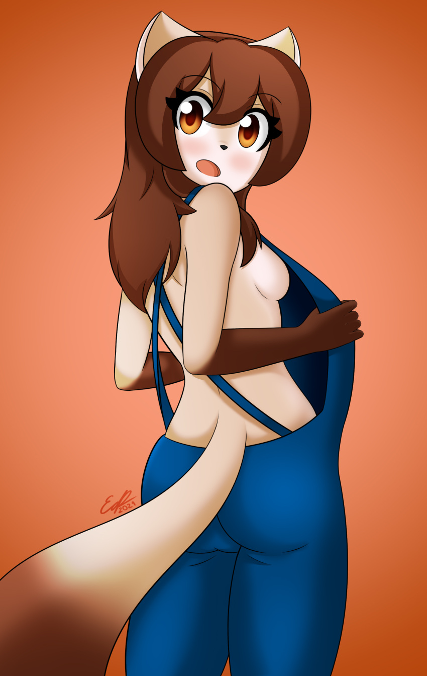 absurd_res anthro blush breasts brown_body brown_fur brown_hair butt canid canine clothed clothing erdfurry featureless_breasts female fur gloves_(marking) hair hi_res mammal markings multicolored_body multicolored_fur orange_eyes overalls phal_(skyline) side_boob simple_background skyline_(comic) small_breasts smile solo webcomic webcomic_character zedian