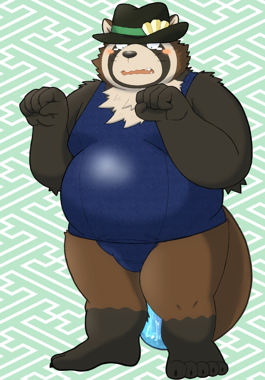 2021 anthro blush bodily_fluids brown_body brown_fur bulge canid canine clothed clothing fur hat headgear headwear hi_res humanoid_hands kemono live-a-hero male mammal overweight overweight_anthro overweight_male raccoon_dog shoen solo tanuki tears video_games yaki_atsuage