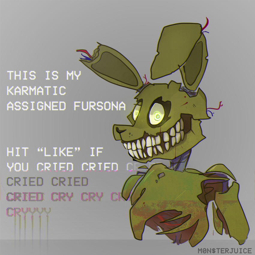 animatronic anthro big_mouth_(anatomy) blood bloodstain bodily_fluids dialogue english_text five_nights_at_freddy's five_nights_at_freddy's_3 glowing glowing_eyes green_ears green_eyes green_nose grey_background hi_res lagomorph leporid long_ears looking_at_viewer machine male mammal nightmare_fuel notched_ear one_eye_half-closed portrait rabbit robot rosemary-the-skunk sharp_teeth simple_background smile solo springtrap_(fnaf) teeth text toony torn_body video_games wide_eyed wire yellow_sclera