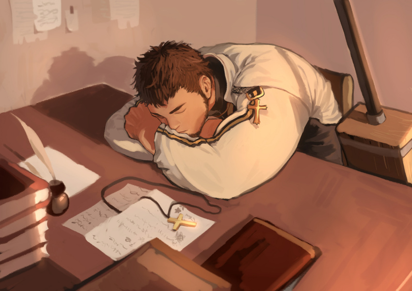 1boy absurdres bai_ma bara beard book brown_hair chinese_commentary cross dungeon_and_fighter facial_hair highres ink jewelry long_sleeves male_focus male_priest_(dungeon_and_fighter) mature_male muscular muscular_male necklace paper priest_(dungeon_and_fighter) short_hair sleeping solo table uniform