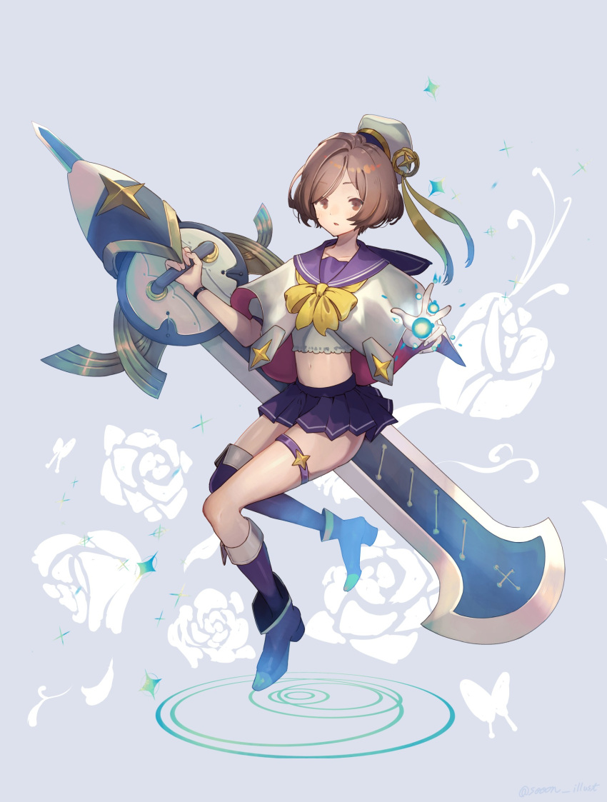 1boy asymmetrical_legwear boots brown_eyes brown_hair crop_top eyebrows_visible_through_hair floral_background full_body hat hat_ribbon highres holding holding_weapon instrument kneehighs looking_at_viewer magical_boy midriff navel neckerchief original otoko_no_ko parted_lips pleated_skirt purple_sailor_collar ribbon sailor_collar short_hair skirt solo sooon thigh_strap thighhighs weapon wide_sleeves yellow_neckwear yellow_ribbon