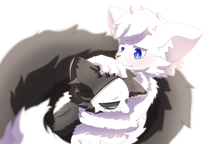 absurd_res ambiguous_gender anthro black_body black_fur blue_eyes bodily_fluids canid canine canis changed_(video_game) duo fur hi_res hug lin_(changed) male mammal mavel patting puro_(changed) rubbing simple_background tears white_background white_body white_fur wolf