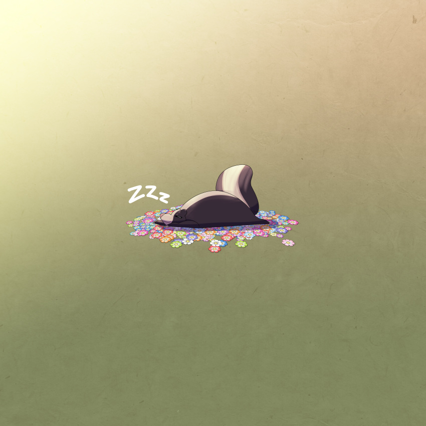 absurd_res black_body chibi eyes_closed flower hi_res mammal mephitid pawgyle plant simple_background skunk sleeping small_(disambiguation) solo_focus sound_effects stripes tiny_(disambiguation) zzz