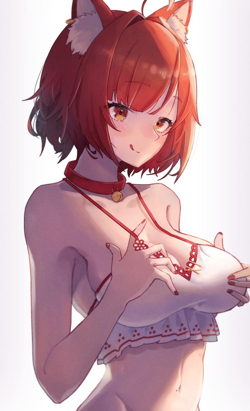 1girl :q absurdres ahoge animal_ear_fluff animal_ears bangs bare_shoulders bell blush breasts camisole cleavage closed_mouth collar collarbone eyebrows_visible_through_hair highres jingle_bell large_breasts looking_at_viewer nail_polish navel neck_bell nijisanji ratna_petit red_eyes red_hair red_nails short_hair smile solo sooon striped swimsuit tongue tongue_out upper_body